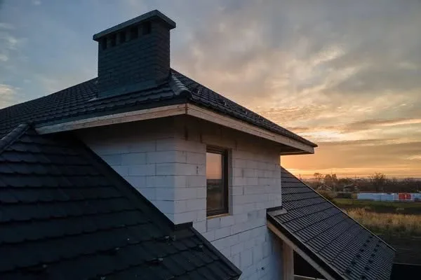 Komín na střeše s tmavou krytinou při západu slunce